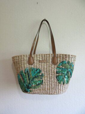 MICHAEL KORS Straw Large Trapezoid Tropical Palms Beaded Tote